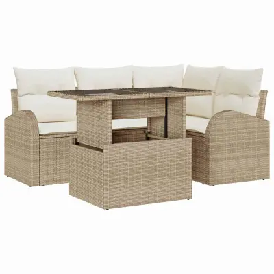 vidaXL Vrtna sedežna garnitura z blazino 5 pcs Bež Poly ratan