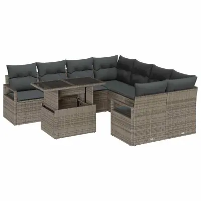 vidaXL Vrtna sedežna garnitura s shranjevanjem 9 pcs Siva poli ratan