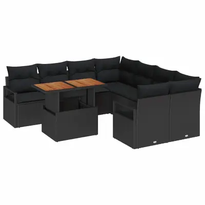 vidaXL Komplet za jedilnico v vrtu z blazino 9 pcs Črna in rjava