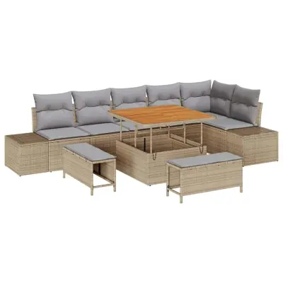 vidaXL Vrtna sedežna garnitura z blazino 9 pcs Bež Poly ratan