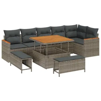 vidaXL Vrtna sedežna garnitura z blazino 9 pcs Siva Poly ratan