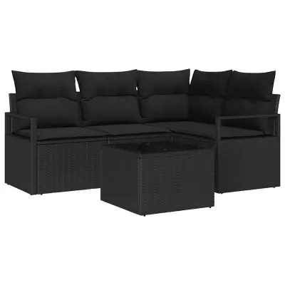 vidaXL Vrtna sedežna garnitura z blazino s shranjevanjem 5 pcs Črna