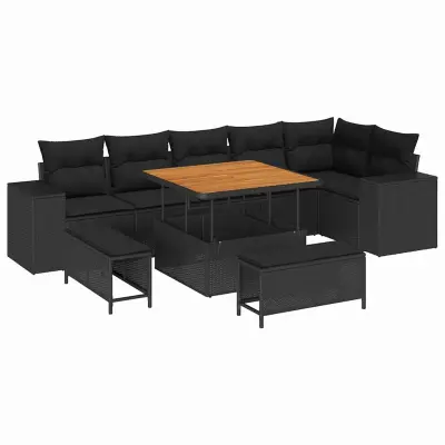 vidaXL Vrtna sedežna garnitura z blazino s shranjevanjem 9 pcs Črna