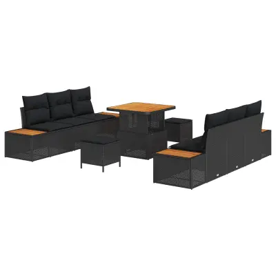 vidaXL Vrtna sedežna garnitura z blazino 9 pcs Črna Poly ratan