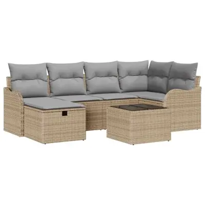 vidaXL Vrtna sedežna garnitura 7 pcs bež in svetlo siva Poly ratan