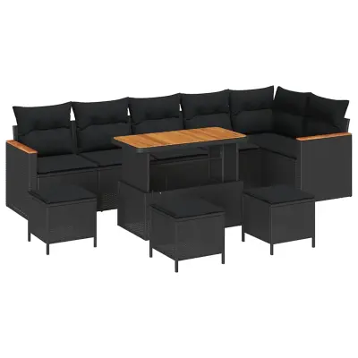 vidaXL Vrtna sedežna garnitura z blazino 10 pcs Črna Poly ratan