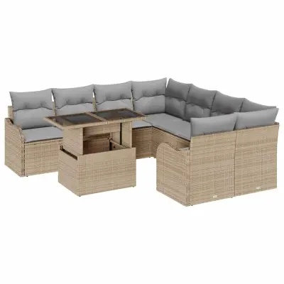 vidaXL Vrtna sedežna garnitura z blazino z blazino 9 pcs Bež Poliratan