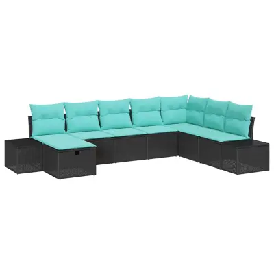 vidaXL Vrtna sedežna garnitura z blazino 8 pcs Črna Poly ratan
