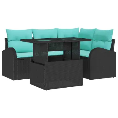 vidaXL Vrtna sedežna garnitura z blazino 5 pcs Črna Poly ratan