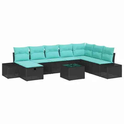 vidaXL Vrtna sedežna garnitura z blazino 9 pcs Črna poli ratan