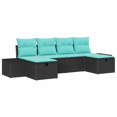 vidaXL Vrtna sedežna garnitura z blazino 6 pcs Črna Poly ratan