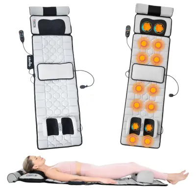 Masažna blazina z gretjem za celo telo, 170x50 cm, 10 motorjev, 9 načinov masaže, daljinski upravljalnik, svetlo siva siva