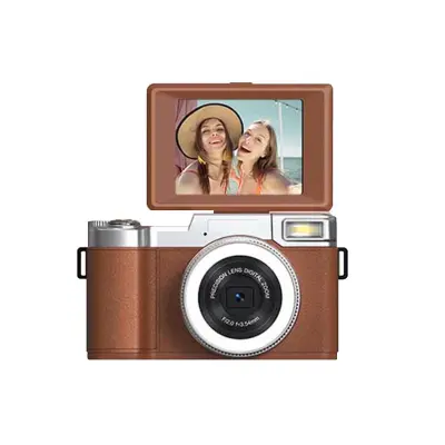 Rjava digitalna kamera z zaslonom na preklop, 1080p HD snemanje in lepotni način