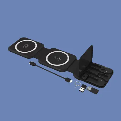 3-v-1 magnetni brezžični polnilnik za telefon, slušalke in uro Black