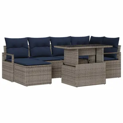 vidaXL Kavčna garnitura 7 pcs Siva in mornarsko modra Poly ratan