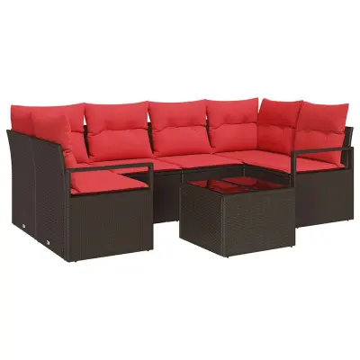 vidaXL Kavčna garnitura 7 pcs Rjava in rdeča poli ratan