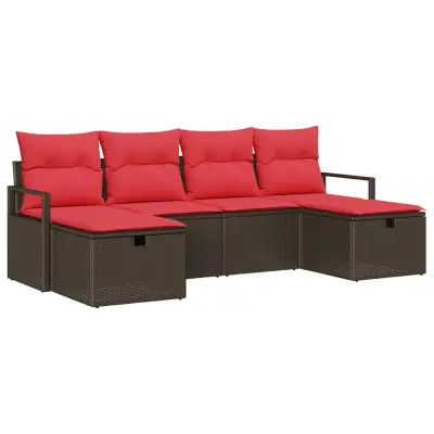 vidaXL Kavčna garnitura z blazino 6 pcs Rjava in rdeča poli ratan