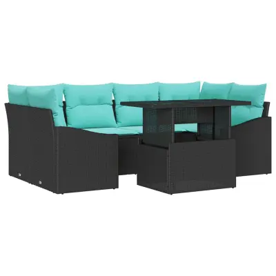 vidaXL Kavčna garnitura z blazino 7 pcs Črna in modra Poly ratan