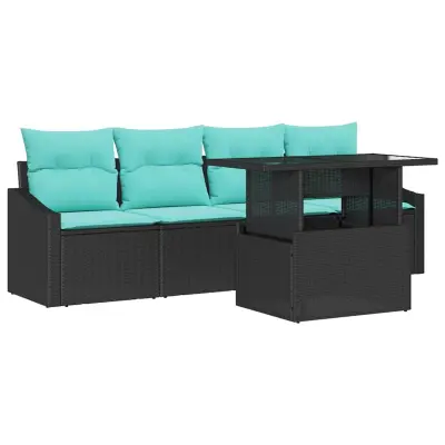 vidaXL Kavčna garnitura z blazino 5 pcs Črna in modra Poly ratan