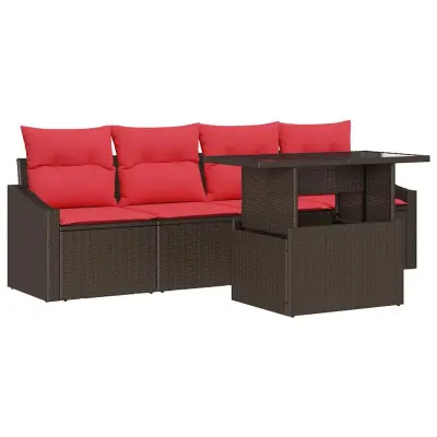 vidaXL Kavčna garnitura z blazino 5 pcs Rjava in rdeča Poly ratan