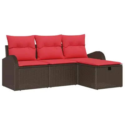 vidaXL Kavčna garnitura z blazino 4 pcs Rjava in rdeča poli ratan