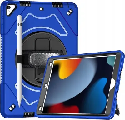 Ovitek za iPad 9/8/7 10.2 s stojalom in naramnim pasom, trislojni silikonski zaščitni etui z ročajem, moder, odporen na udarce