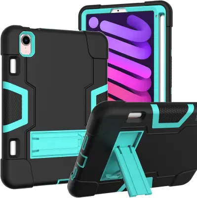 Ovitek za iPad Mini 6 8.3" Robusten s stojalom in prostorom za pisalo, tridelna zaščitna torbica iz silikona, črn