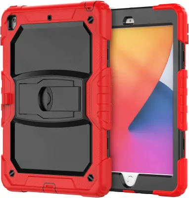 Ovitek za iPad 7/8/9 10.2 s stojalom, držalom za pisalo in naramnim trakom, trislojna zaščita pred udarci, rdeč