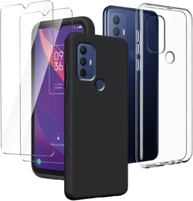 Etuij in 2x kaljeno steklo za TCL 305 / 306 / 30 SE (6.52"), prozoren silikonski ovitek s črnim robom, zaščitni komplet