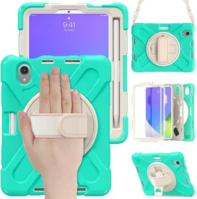 Ovitek za iPad Mini 6 8.3 s stojalom, ročajem in naramnim pasom, trislojna zaščita, prostor za pisalo, mentol barva