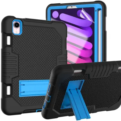 Ovitek za iPad Mini 6 8.3 oklepen s stojalom in mestom za pisalo, tridelna zaščita pred udarci, silikon, črne barve