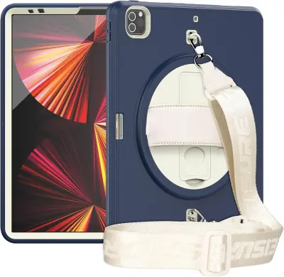 Ovitek za iPad Pro 12.9 (5/4/3 gen) s 360° stojalom, naramnim pasom in ročajem, vrhunska zaščita, mornarsko modra barva