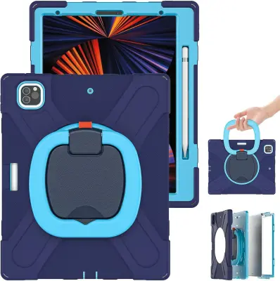 Ovitek za iPad Pro 11 s stojalom, ročajem in naramnim pasom, trislojna zaščita pred udarci in držalo za pisalo, modra barva