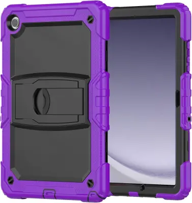 Ovitek za iPad 9.7" s stojalom, ročajem in naramnim trakom, trislojna zaščita proti udarcem, silikonski, vijolične barve