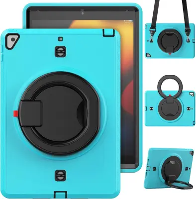 Ovitek za iPad 9/8/7 10,2 s stojalom, ročajem in naramnim trakom, trislojna zaščita proti udarcem, turkizne barve