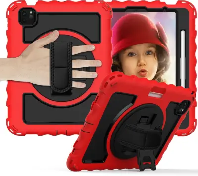 Ovitek za iPad Pro 11" s stojalom, ročajem in naramnim trakom, trislojna zaščita pred udarci, prostor za pisalo, rdeč