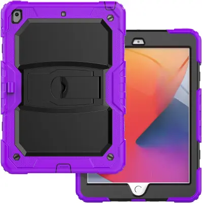 Ovitek za iPad 9/8/7 10.2 oklepen s stojalom in prostorom za pisalo, tridelna zaščita pred udarci, silikon, vijoličen