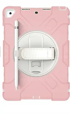 Ovitek za iPad 9 / 8 / 7 10.2 robusten s 360° vrtljivim stojalom in ročajem, trislojna zaščita proti udarcem, rožnat