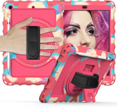 Ovitek za iPad 9.7 (6/5/Pro) s 360° vrtljivim stojalom, držalom za pisalo in naramnim pasom, odporen na udarce, roza barve