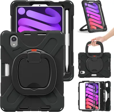 Ovitek za iPad Mini 6 8.3" z vrtljivim stojalom, ročajem in mestom za pisalo, trislojna zaščita, PC in TPU, črn