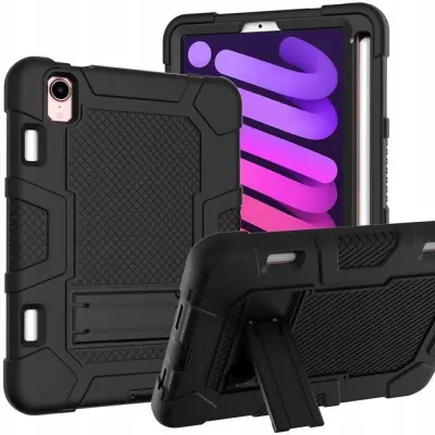 Ovitek za iPad Mini 6 8.3" oklepljen s stojalom in mestom za pisalo, trpežna troslojna zaščita pred udarci, črne barve