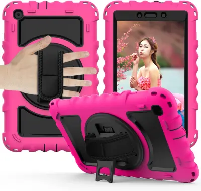 Ovitek za Samsung Galaxy Tab A7 10.4 s stojalom, ročajem in naramnim pasom, odporen na udarce, trislojna zaščita, rožnat