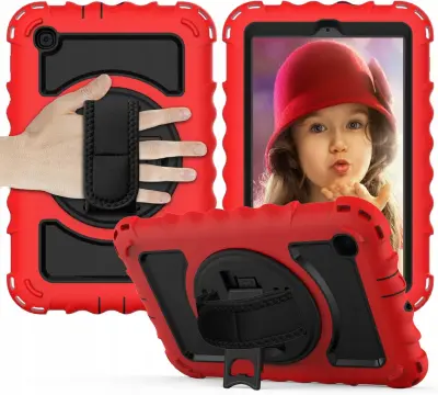 Ovitek za Samsung Galaxy Tab 8.0 s stojalom in naramnim pasom, troslojna zaščita pred udarci, rdeče barve, PC in TPU ohišje