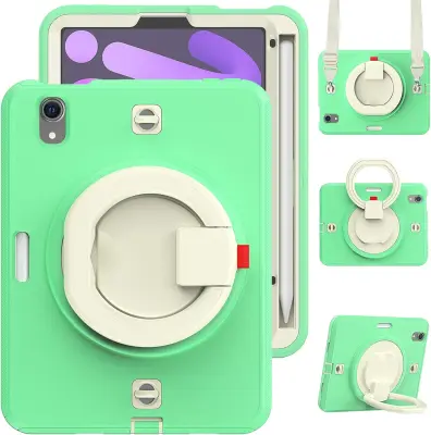 Ovitek za iPad Mini 6 (8,3") trpežen, z vrtljivim stojalom, ročajem in naramnim pasom - zelen