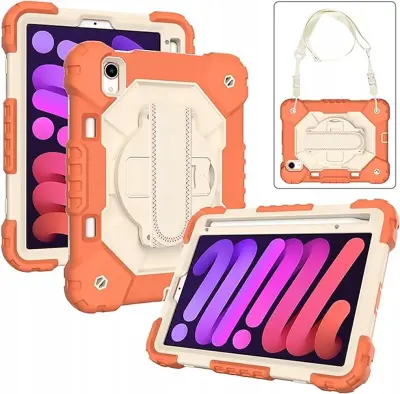 Ovitek za iPad Mini 6 8.3 s stojalom, naramnim pasom in držalom za pisalo, trislojna robustna zaščita, oranžen