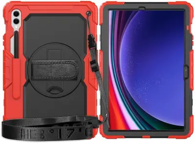 Ovitek za Samsung Galaxy Tab S8 Ultra 14.6 s stojalom, ročajem in naramnim pasom, trislojna zaščita, rdeče barve