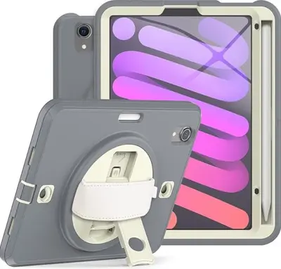 Ovitek za iPad Mini 6 8.3" s stojalom in držalom za pisalo, trpežna trislojna zaščita in vrtljiv ročaj, sive barve