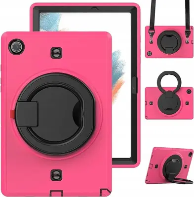 Ovitek za Samsung Galaxy Tab A8 10.5 z vrtljivim stojalom, naramnim pasom in ergonomskim ročajem, troslojna zaščita, rožnat