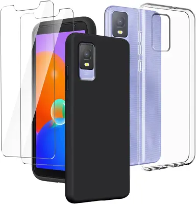 Ovitka za TCL 403 6.0" in 2x kaljeno steklo, komplet 2 kosov, črn in prozoren TPU silikon, popolna zaščita telefona