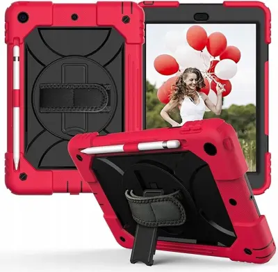 Ovitek za iPad 9 / 8 / 7 10.2, trpežen s stojalom, držalom za pisalo in naramnim trakom, trislojna zaščita, rdeč